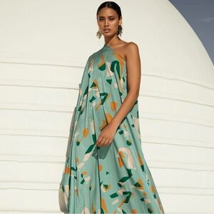 Diarrablu Satu Dress Green and Orange One-Shoulder Asymmetrical Kaftan Size L